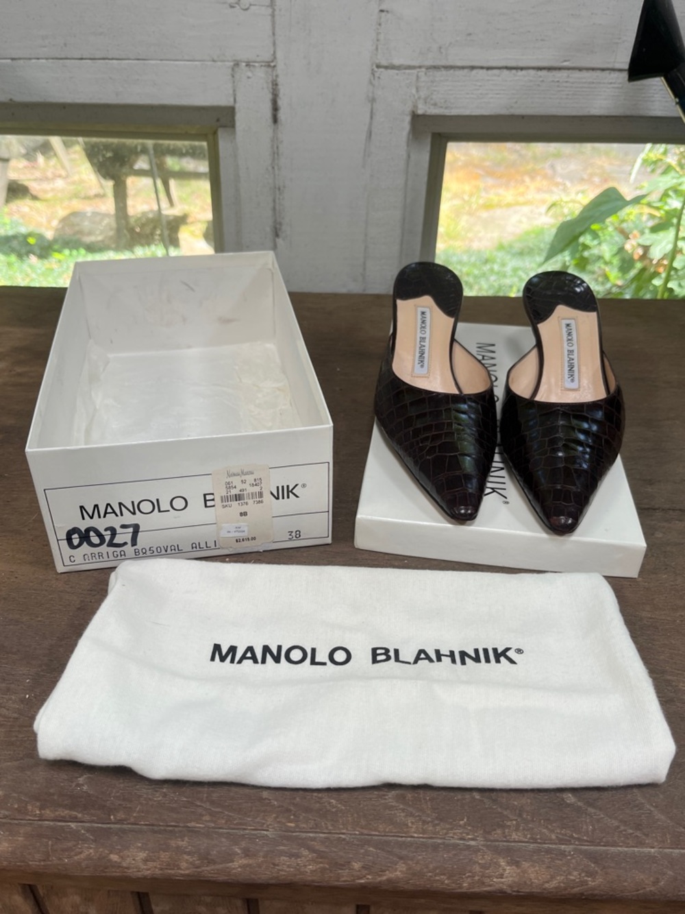 Manolo Blahnik Chocolate Brown Genuine Alligator Pointed Toe Slip-On Mules
